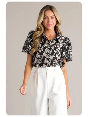 NWT Mable Black Morning Strolls Floral Puff Sleeve Button Up Blouse sz S